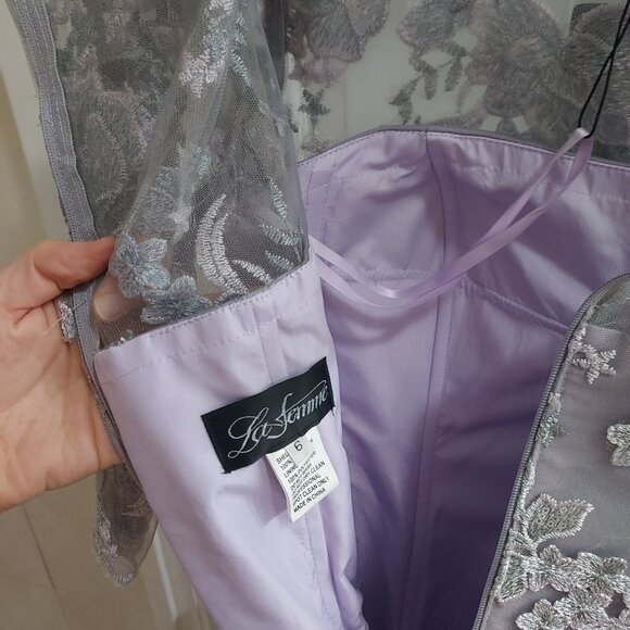 LA FEMME Lavender Purple Embroidered Floral Lace Sheath Dress - Picture 3 of 8
